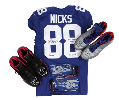 Hakeem Nicks Game Worn and Signed New York Giants Lot: Jersey, Cleats, and Gloves (Nicks LOA)